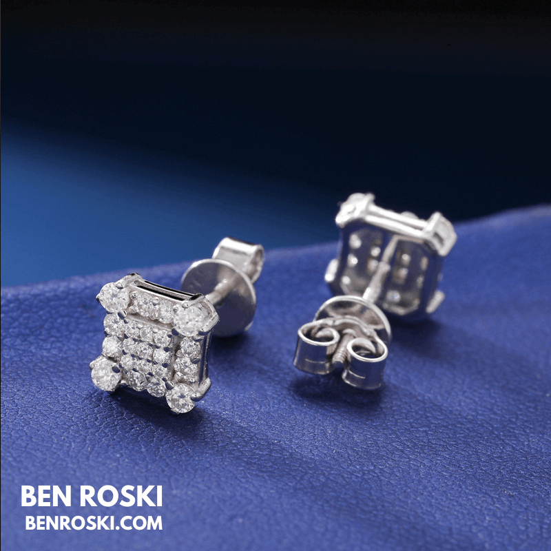 Square Cluster Stud Earrings Sterling Silver, Gold & Rose Gold Plated | VVS Moissanite | GRA Certified