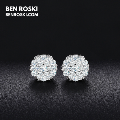 Round Cluster Stud Earrings Sterling Silver, Gold & Rose Gold | VVS Moissanite | GRA Certified