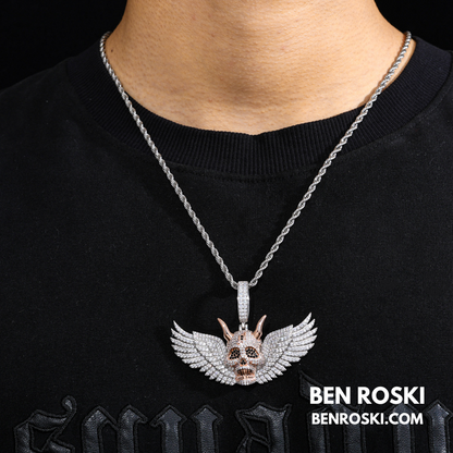 Moissanite Winged Skull Pendant Sterling Silver, Gold & Rose Gold Plated | VVS Moissanite | GRA Certified