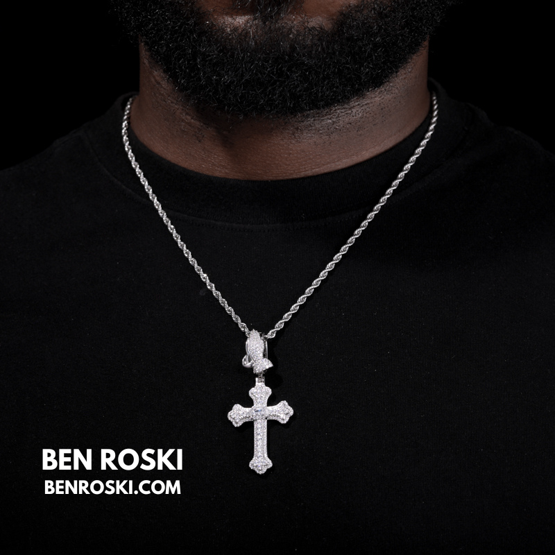 Moissanite Cross Pendant with Praying Hands Bail Sterling Silver, Gold, or Rose Gold | VVS Moissanite | GRA Certified