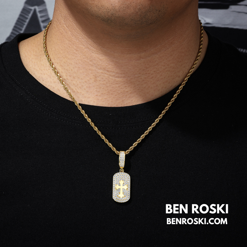 Iced Cross Dog Tag Pendant Sterling Silver, Gold & Rose Gold | VVS Moissanite | GRA Certified