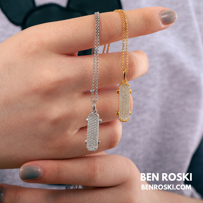 Skateboard Pendant Necklace Sterling Silver, Gold, or Rose Gold | VVS Moissanite | GRA Certified