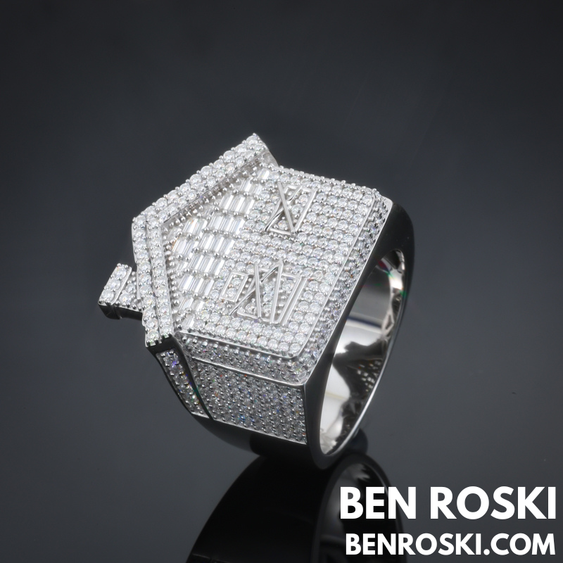 Iced-Out Roman Numeral Mansion Ring Sterling Silver or Gold/Rose Gold Plated | VVS Moissanite | GRA Certified