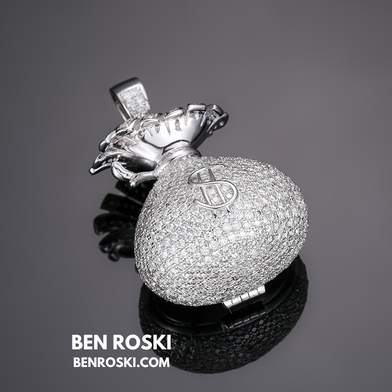 Money Bag Pendant Sterling Silver, Gold  & Rose Gold Plated | VVS Moissanite | GRA Certified