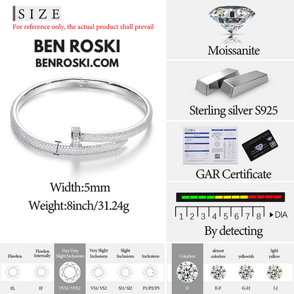 Nail Moissanite Bangle Sterling Silver, Gold Plated & Rose Gold Plated over 925 Silver | GRA Certified