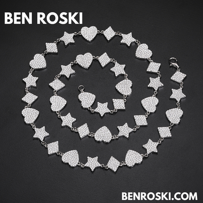 Heart, Star & Diamond Link Moissanite Necklace Sterling Silver, Gold & Rose Gold Options | GRA Certified