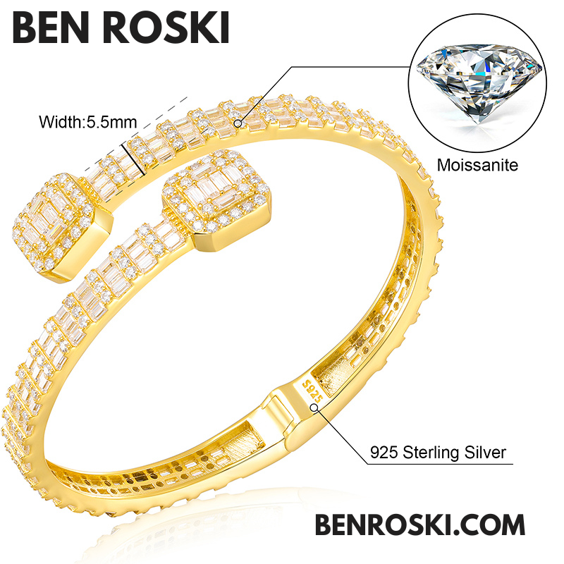 Baguette Moissanite Open Bangle – 7/8-Inch | 5.5MM | Silver, Gold Plated & Rose Gold Plated over 925 Silver | GRA Certified