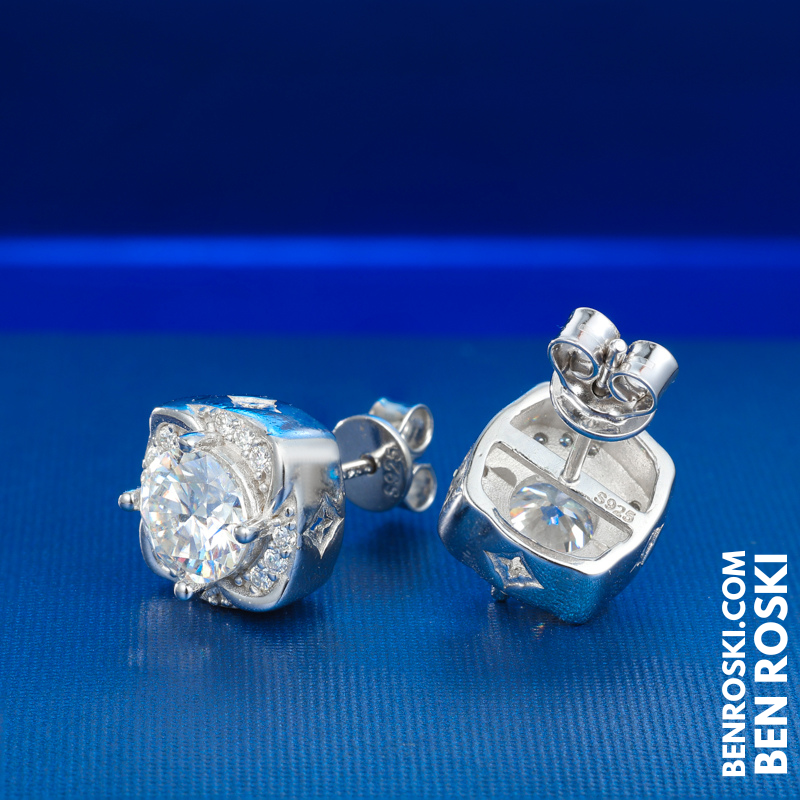 Moissanite Halo Stud Earrings Sterling Silver or Gold/Rose Gold Plated | VVS Moissanite | GRA Certified