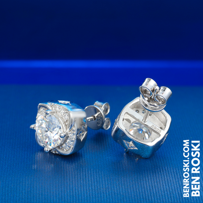 Moissanite Halo Stud Earrings Sterling Silver or Gold/Rose Gold Plated | VVS Moissanite | GRA Certified