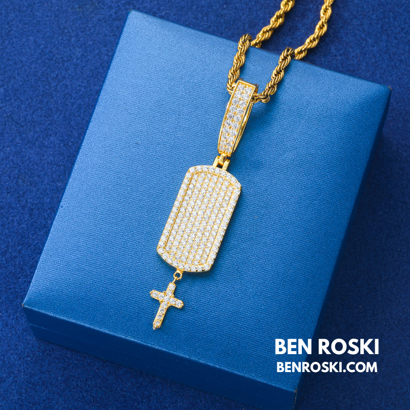 Iced Dog Tag Pendant with Cross Sterling Silver, Gold, or Rose Gold | VVS Moissanite | GRA Certified
