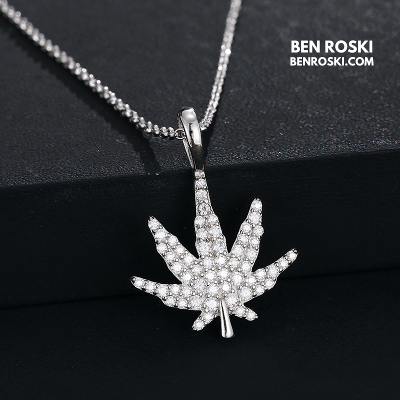 Cannabis Leaf Pendant Sterling Silver or Gold / Rose Gold Plated | VVS Moissanite | GRA Certified