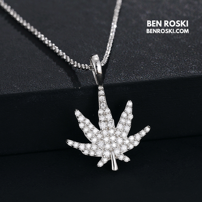 Cannabis Leaf Pendant Sterling Silver or Gold / Rose Gold Plated | VVS Moissanite | GRA Certified