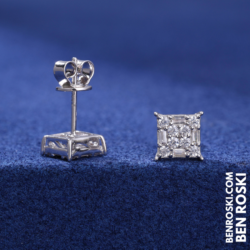 Square Cluster Stud Earrings Sterling Silver or Gold/Rose Gold Plated | VVS Moissanite | GRA Certified