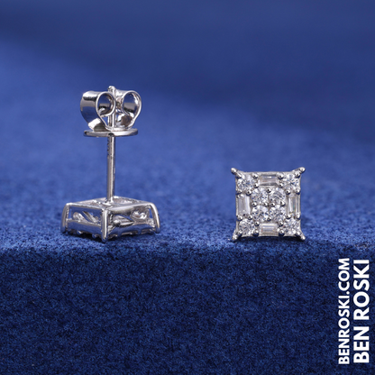 Square Cluster Stud Earrings Sterling Silver or Gold/Rose Gold Plated | VVS Moissanite | GRA Certified