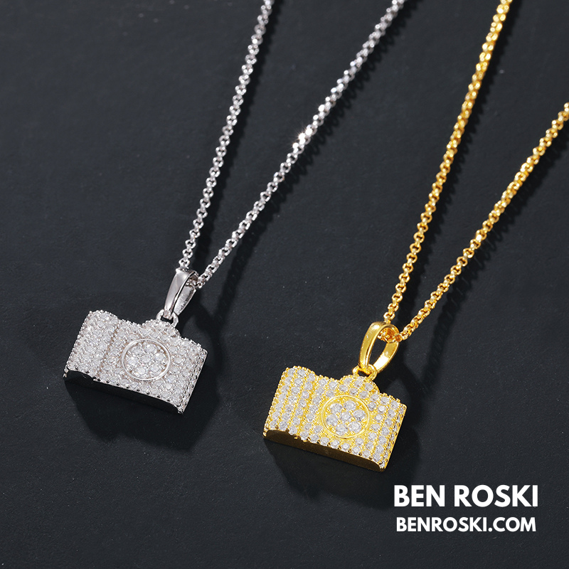 Camera Pendant Necklace Sterling Silver or Gold / Rose Gold Plated | VVS Moissanite | GRA Certified