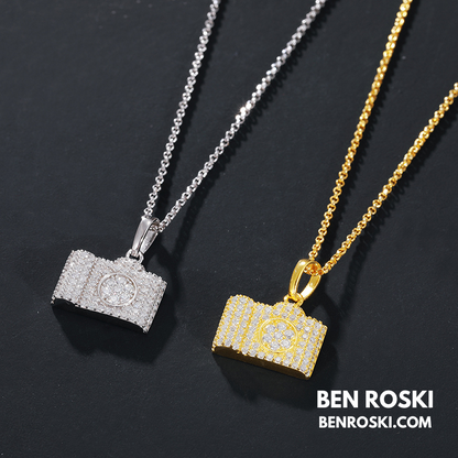 Camera Pendant Necklace Sterling Silver or Gold / Rose Gold Plated | VVS Moissanite | GRA Certified