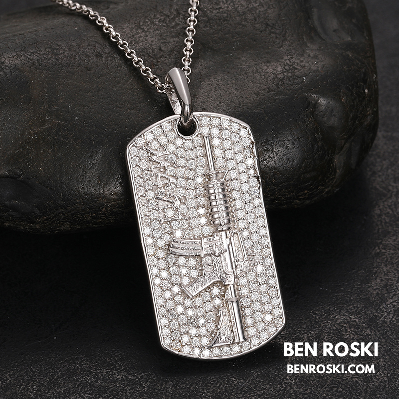 M4 Rifle Dog Tag Pendant Sterling Silver or Gold & Rose Gold Plated | VVS Moissanite | GRA Certified