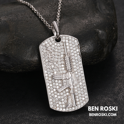M4 Rifle Dog Tag Pendant Sterling Silver or Gold & Rose Gold Plated | VVS Moissanite | GRA Certified