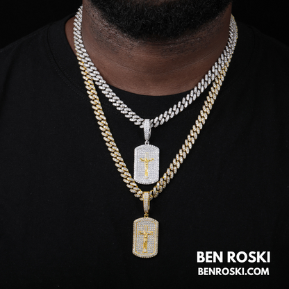 Crucifix Dog Tag Pendant Sterling Silver, Gold & Rose Gold | VVS Moissanite | GRA Certified