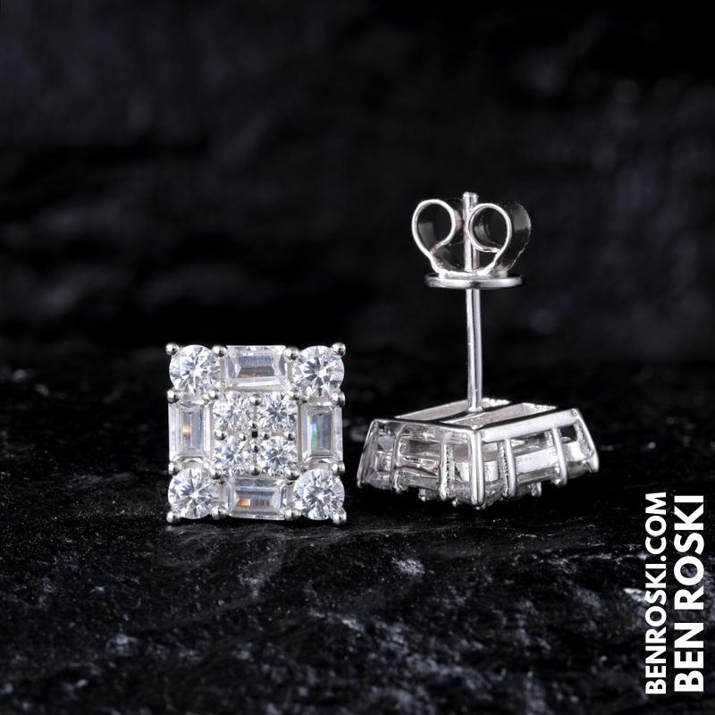 Square Cluster Stud Earrings Sterling Silver, Gold, or Rose Gold | VVS Moissanite | GRA Certified