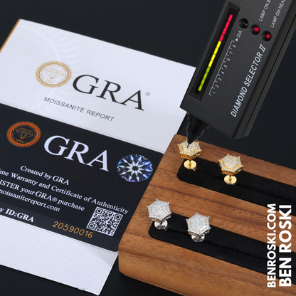 Hexagon Cluster Stud Earrings Sterling Silver, Gold, or Rose Gold Plated | VVS Moissanite | GRA Certified