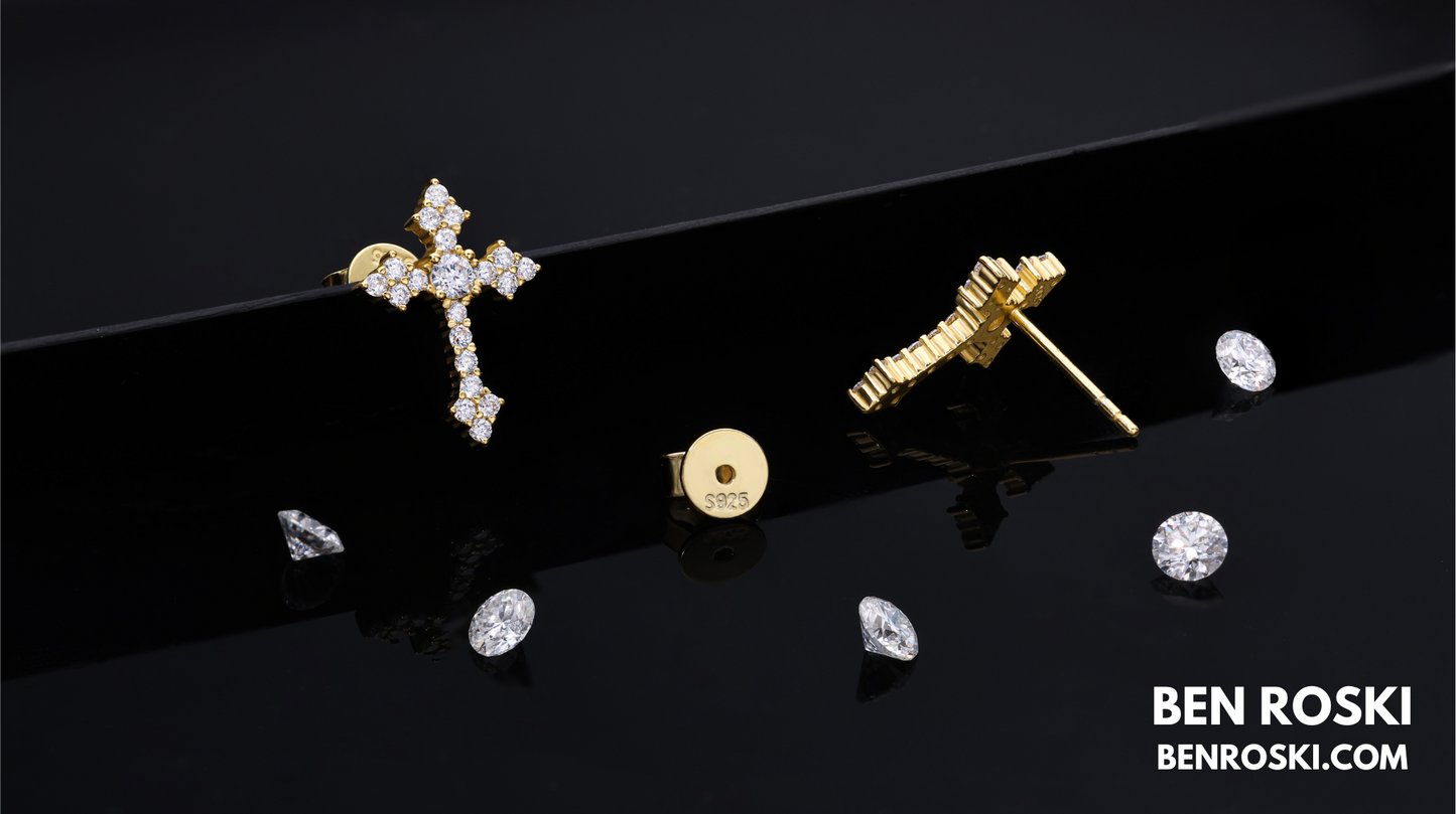 Moissanite Cross Stud Earrings Sterling Silver, Gold, or Rose Gold | VVS Moissanite | GRA Certified