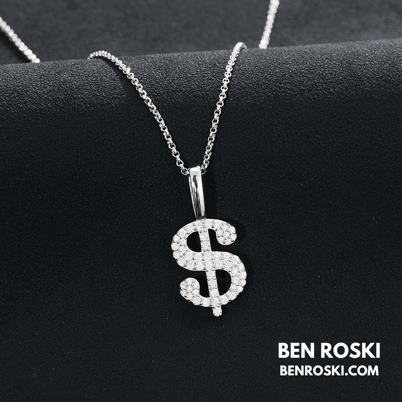 Dollar Sign Pendant Sterling Silver, Gold / Rose Gold Plated | VVS Moissanite | GRA Certified