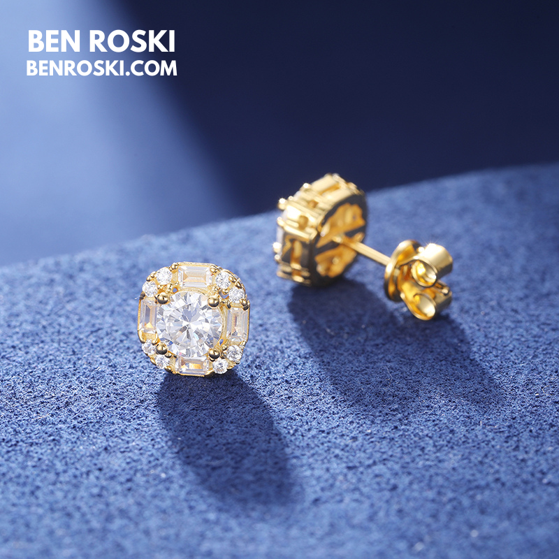 Baguette Halo Stud Earrings Sterling Silver or Gold/Rose Gold Plated | VVS Moissanites | GRA Certified