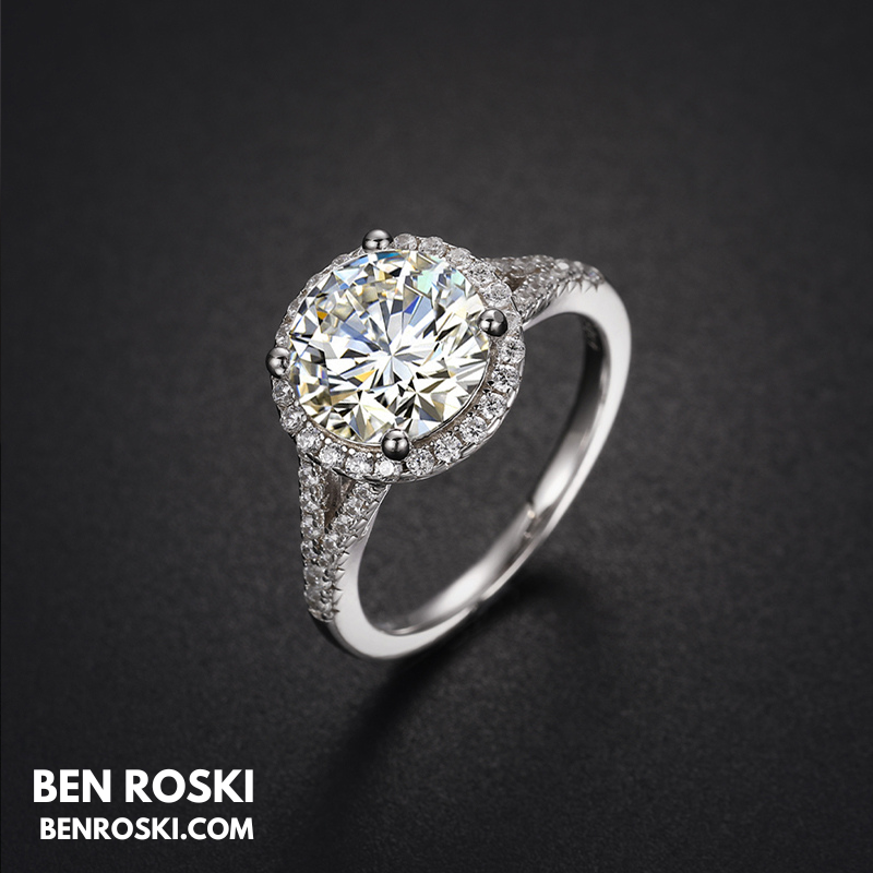 3CT Moissanite Halo Engagement Ring Sterling Silver, Gold & Rose Gold | GRA Certified