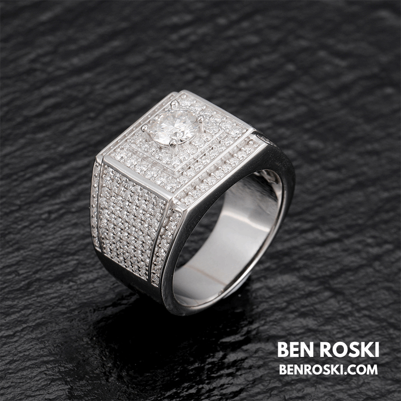 Men’s Iced Moissanite Square Statement Ring Sterling Silver, Gold, or Rose Gold | VVS Moissanite | GRA Certified