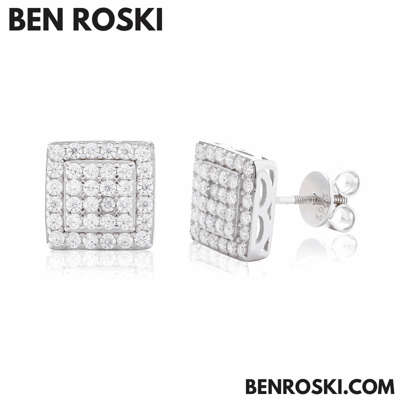 Square Cluster Stud Earrings Sterling Silver, Gold, or Rose Gold | VVS Moissanite | GRA Certified