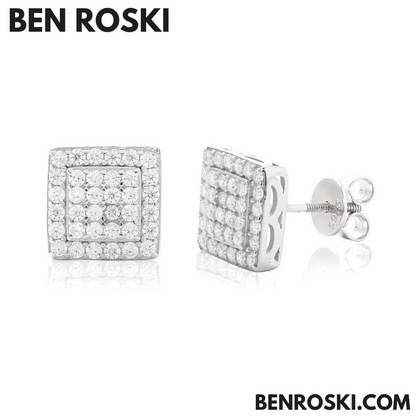 Square Cluster Stud Earrings Sterling Silver, Gold, or Rose Gold | VVS Moissanite | GRA Certified