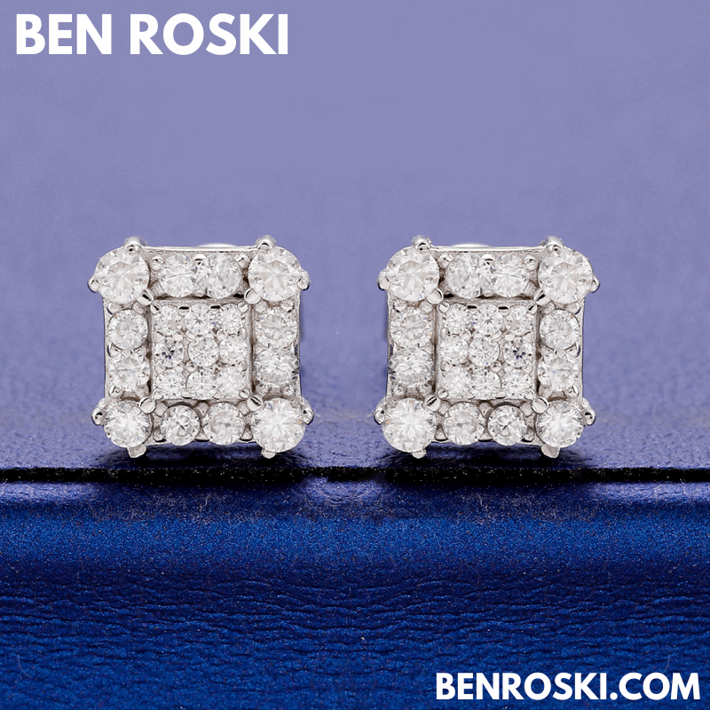 Square Cluster Stud Earrings Sterling Silver, Gold & Rose Gold Plated | VVS Moissanite | GRA Certified