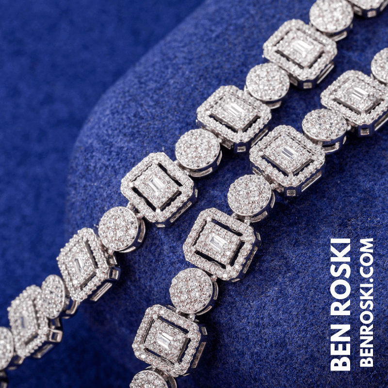 8MM Geometric & Round Cluster Moissanite Chain Sterling Silver, Gold, or Rose Gold | VVS D Color | GRA Certified