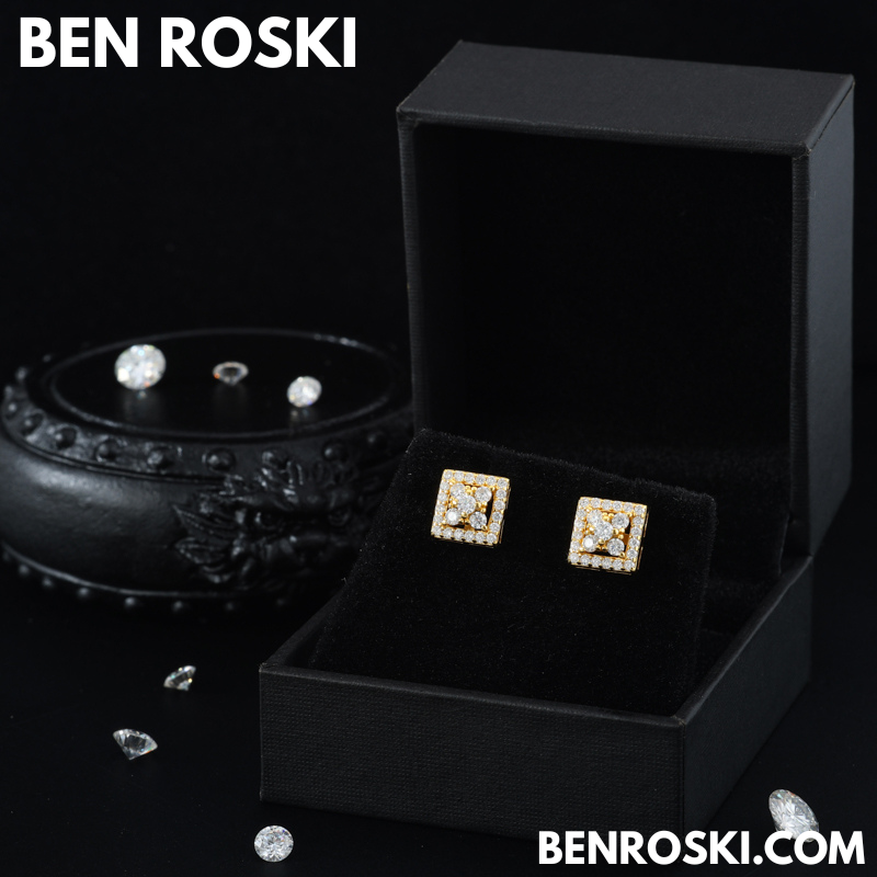 Square Cluster Stud Earrings Sterling Silver, Gold & Rose Gold Plated | VVS Moissanite | GRA Certified