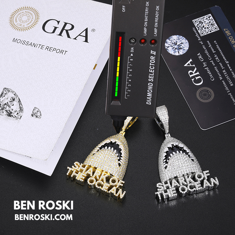 Shark of the Ocean Pendant Sterling Silver, Gold & Rose Gold Plated | VVS Moissanite | GRA Certified