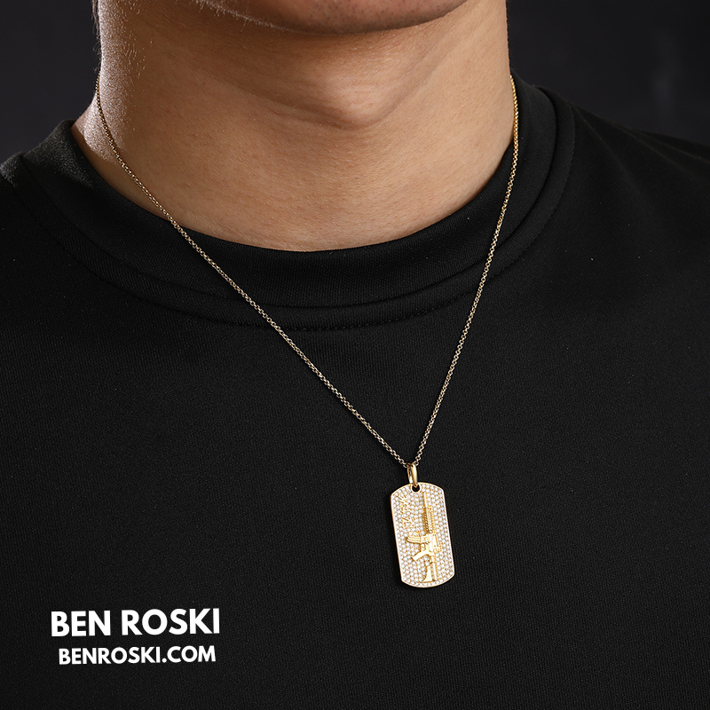 M4 Rifle Dog Tag Pendant Sterling Silver or Gold & Rose Gold Plated | VVS Moissanite | GRA Certified