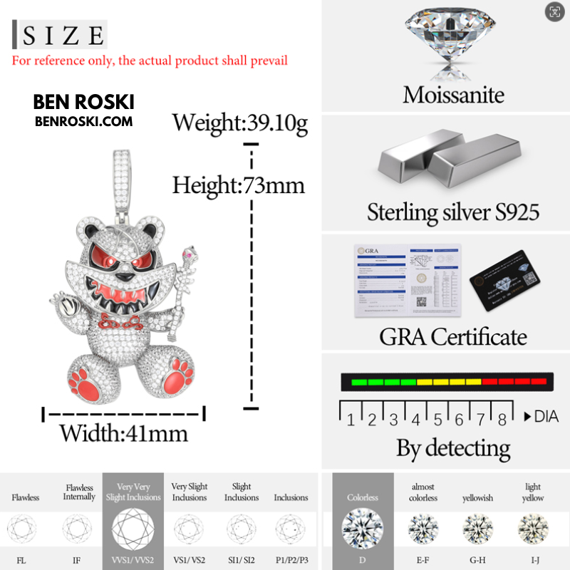 Evil Teddy Bear Pendant Sterling Silver or Gold / Rose Gold Plated | VVS Moissanite | GRA Certified