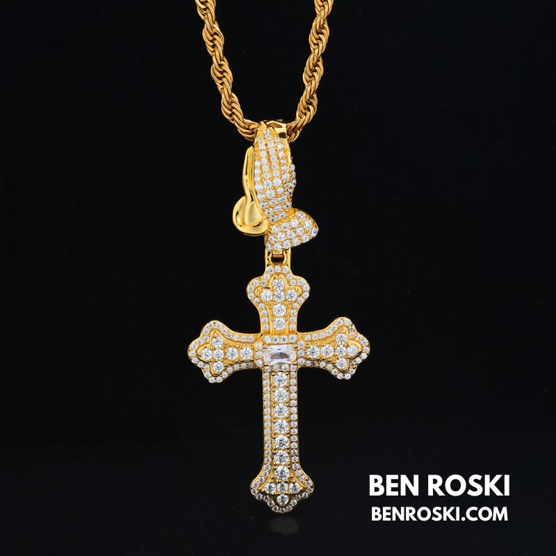 Moissanite Cross Pendant with Praying Hands Bail Sterling Silver, Gold, or Rose Gold | VVS Moissanite | GRA Certified