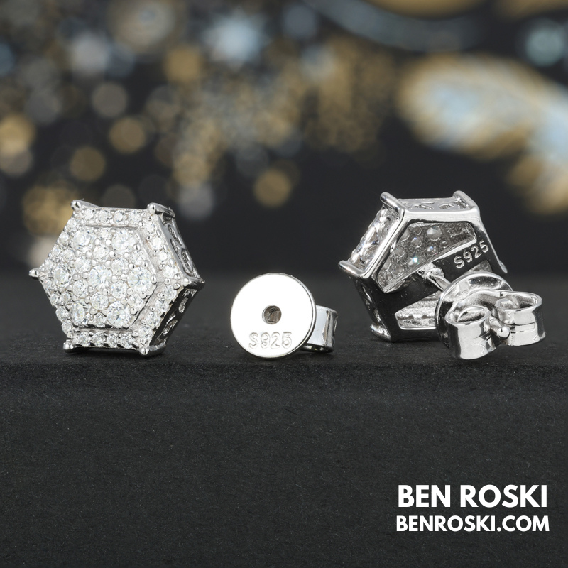 Hexagon Cluster Stud Earrings Sterling Silver, Gold, or Rose Gold Plated | VVS Moissanite | GRA Certified