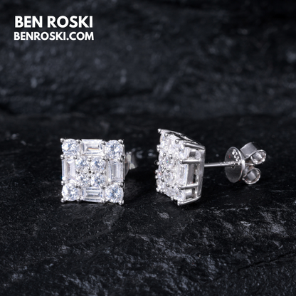 Square Cluster Stud Earrings Sterling Silver, Gold, or Rose Gold | VVS Moissanite | GRA Certified