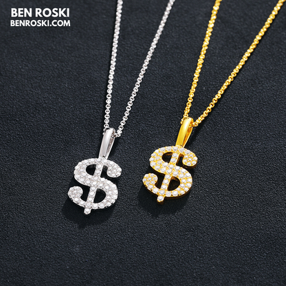 Dollar Sign Pendant Sterling Silver, Gold / Rose Gold Plated | VVS Moissanite | GRA Certified
