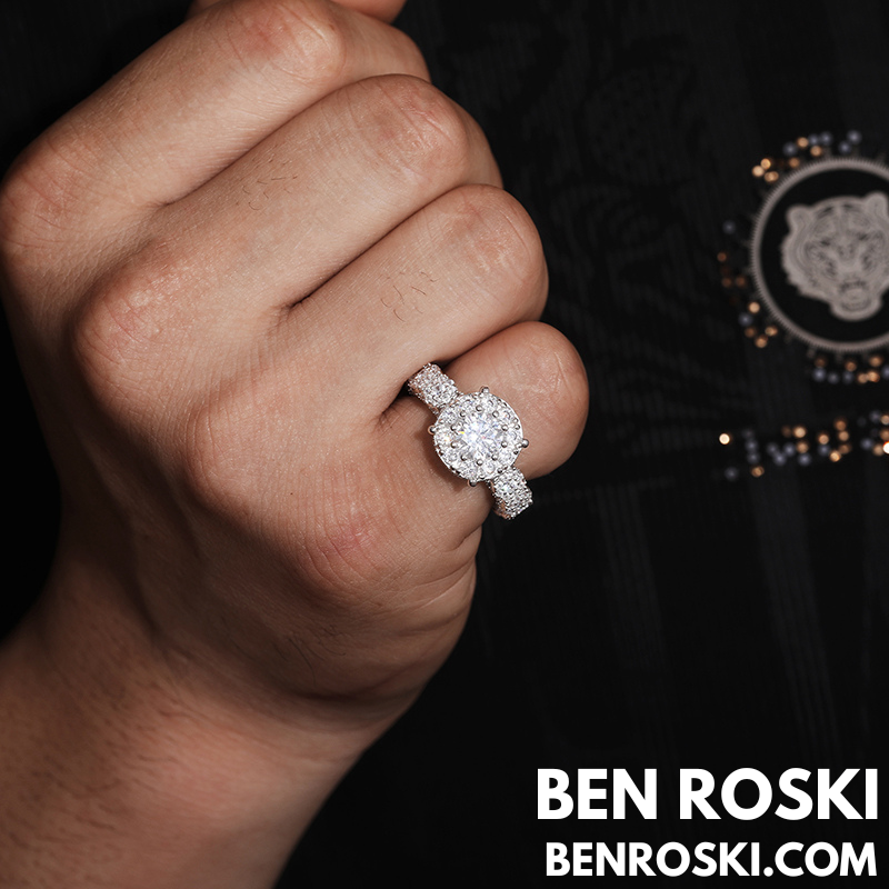 Halo Moissanite Engagement Ring Sterling Silver, Gold & Rose Gold | VVS Moissanite | GRA Certified