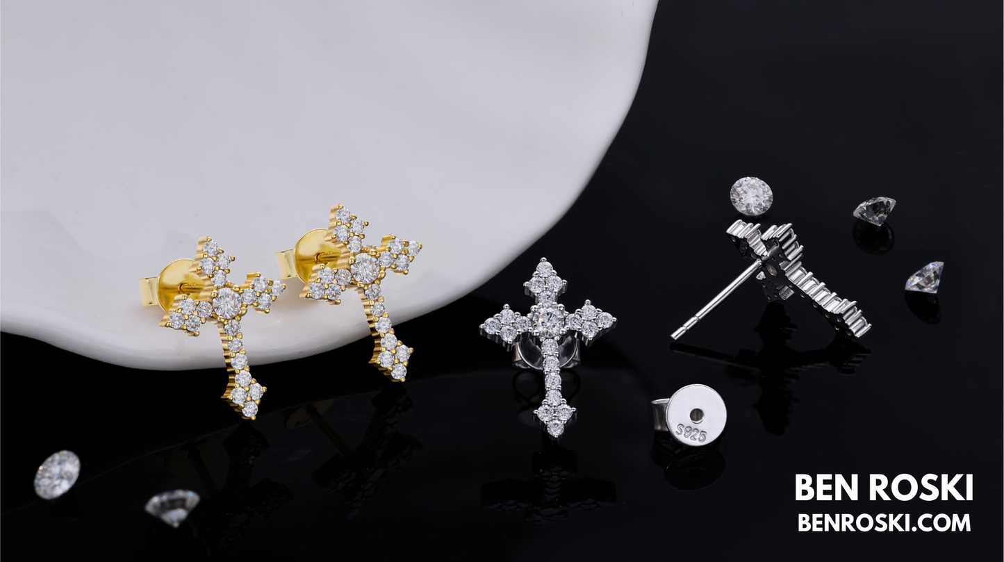 Moissanite Cross Stud Earrings Sterling Silver, Gold, or Rose Gold | VVS Moissanite | GRA Certified