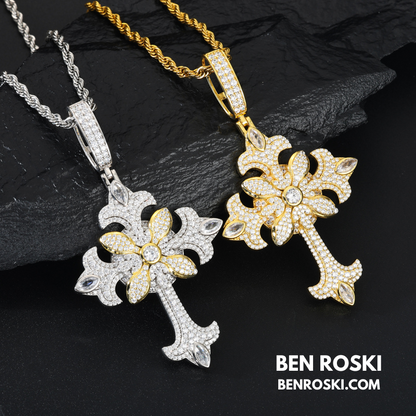 Floral Cross Pendant Sterling Silver, Gold & Rose Gold | VVS Moissanite | GRA Certified