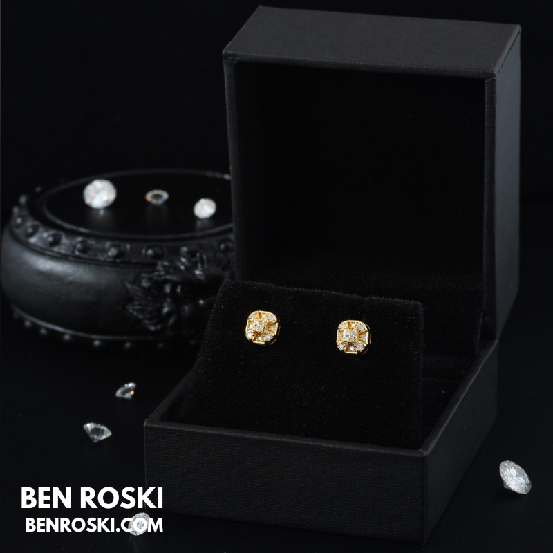 Cushion Cluster Stud Earrings Sterling Silver or Gold Plated or Rose Gold | VVS Moissanite | GRA Certified