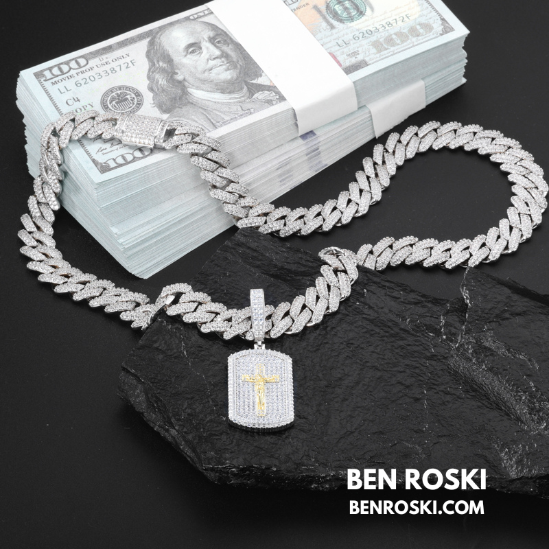 Crucifix Dog Tag Pendant Sterling Silver, Gold & Rose Gold | VVS Moissanite | GRA Certified