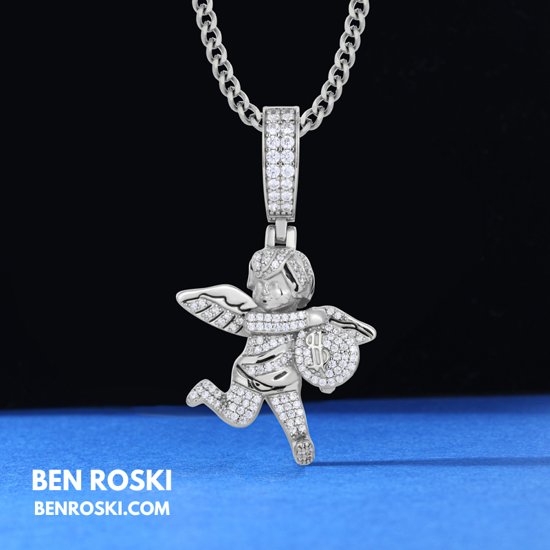 Angel Money Bag Pendant Sterling Silver or Gold & Rose Gold Plated | VVS Moissanite | GRA Certified