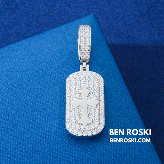 Iced Cross Dog Tag Pendant Sterling Silver, Gold & Rose Gold | VVS Moissanite | GRA Certified