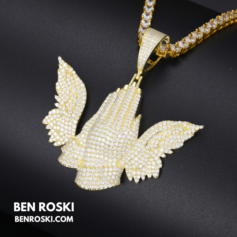 Praying Hands with Wings Pendant Sterling Silver, Gold, or Rose Gold | VVS Moissanite | GRA Certified